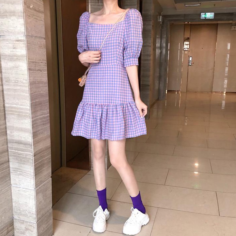 夏季新款泡泡袖氣質方領格子連衣裙女修身顯瘦收腰chic超仙長裙子-細節圖2