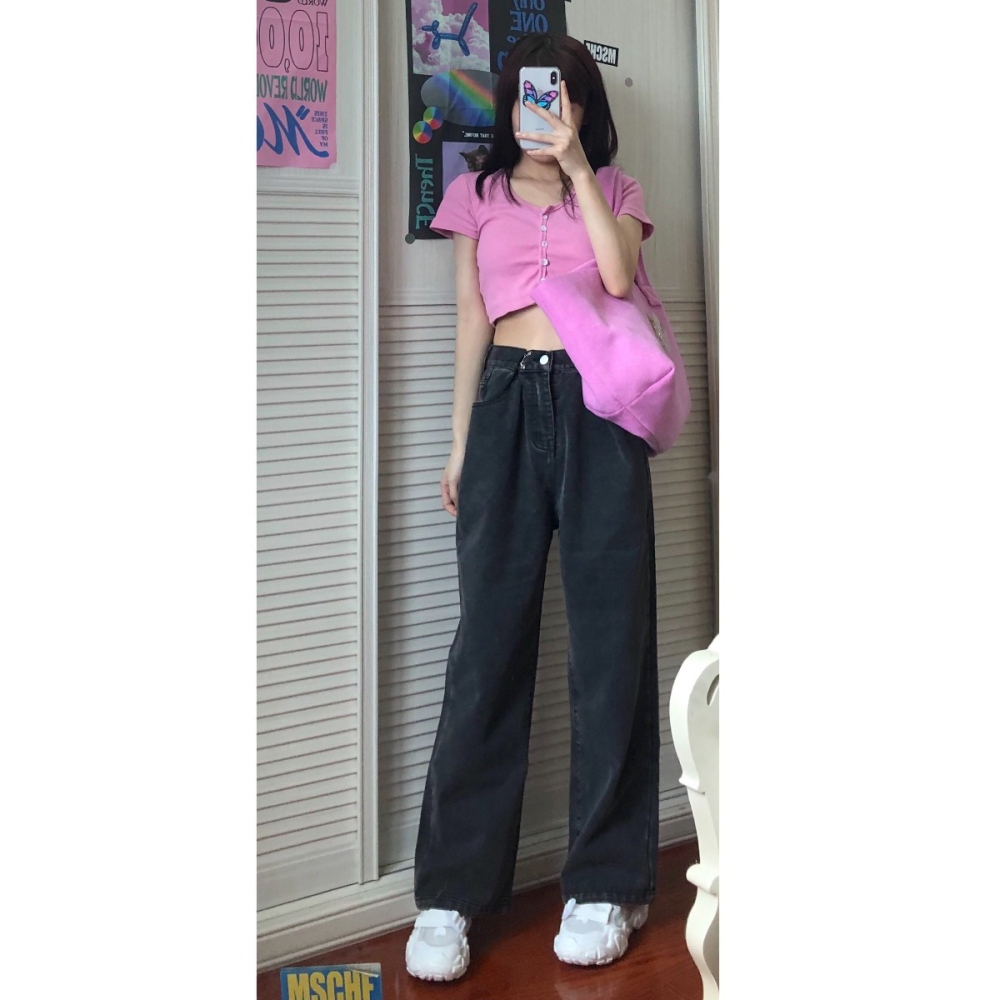 復古學生設計感高腰顯瘦牛仔褲女夏天薄款闊腿褲百搭長褲休閑褲子-細節圖6