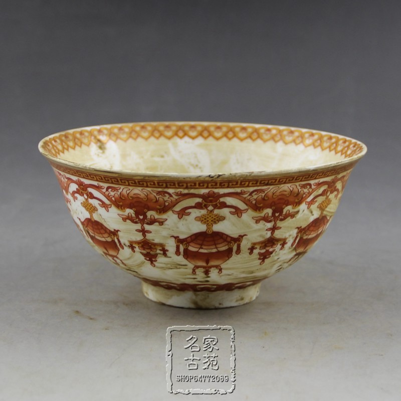 做舊古玩家居擺件收藏13cm口徑彩繪瓷碗復古明清瓷器工藝品-細節圖4