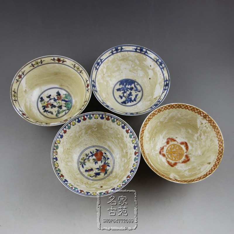做舊古玩家居擺件收藏13cm口徑彩繪瓷碗復古明清瓷器工藝品-細節圖5