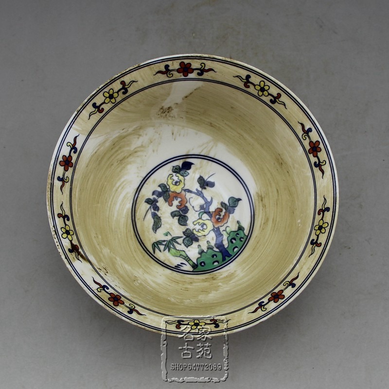 做舊古玩家居擺件收藏13cm口徑彩繪瓷碗復古明清瓷器工藝品-細節圖9