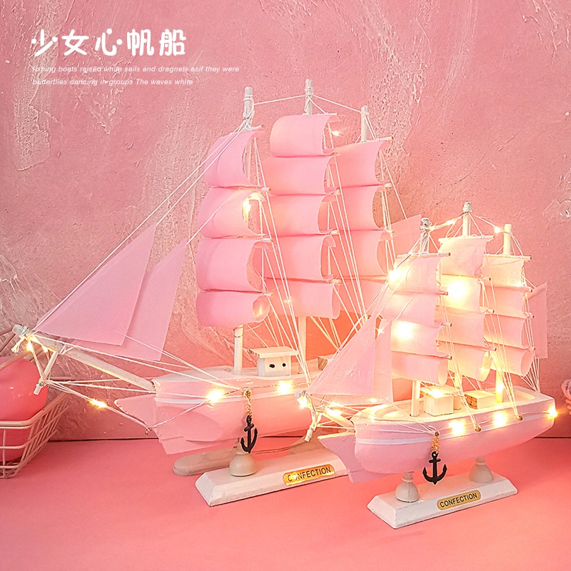 ins少女心創意星星燈粉色木質帆船模型家居玄關臥室擺件女生禮物-細節圖2