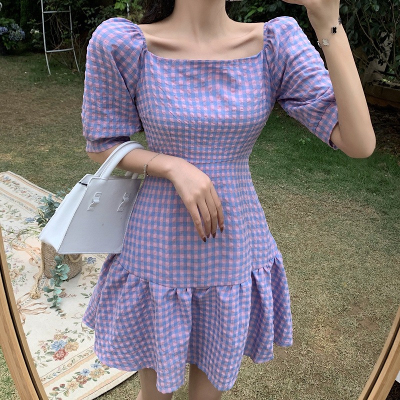 法式格子收腰氣質裙子新款復古顯瘦連衣裙女夏季短袖包臀短裙-細節圖2