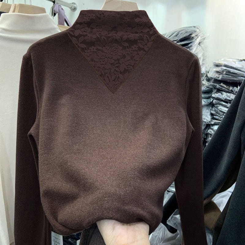 秋冬加厚雙面德絨蕾絲打底衫女內搭半高領修身長袖百搭t恤上衣服-細節圖3