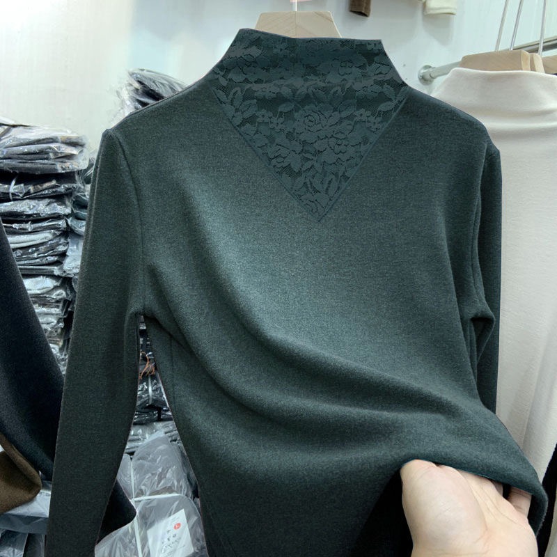 秋冬加厚雙面德絨蕾絲打底衫女內搭半高領修身長袖百搭t恤上衣服-細節圖5