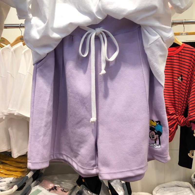 春夏新款刺繡米奇短褲女學生ins高腰顯瘦中褲百搭休閑五分褲-細節圖4