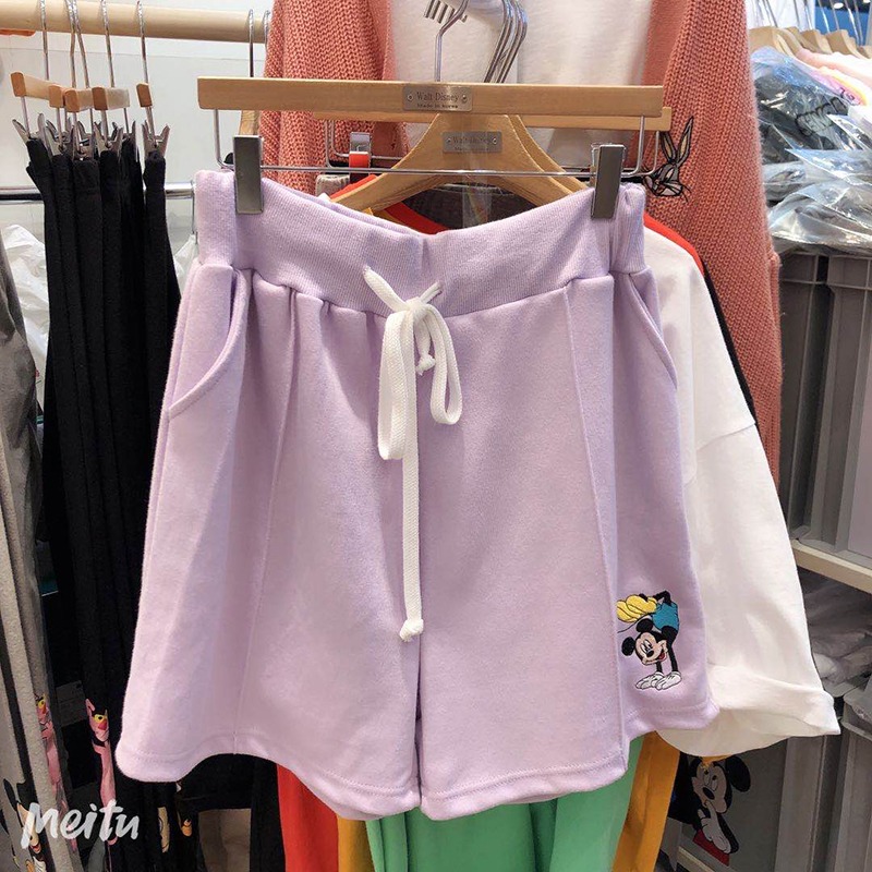 春夏新款刺繡米奇短褲女學生ins高腰顯瘦中褲百搭休閑五分褲-細節圖5