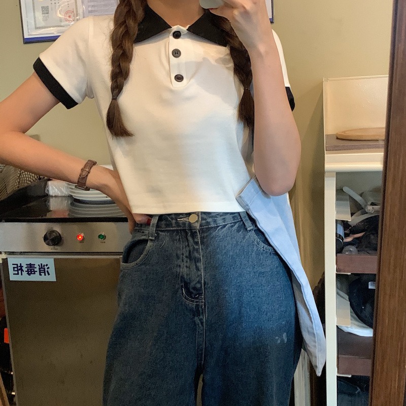 日系polo衫短袖t恤女網紅夏ins潮怪味少女短款寬松半袖上衣服-細節圖2