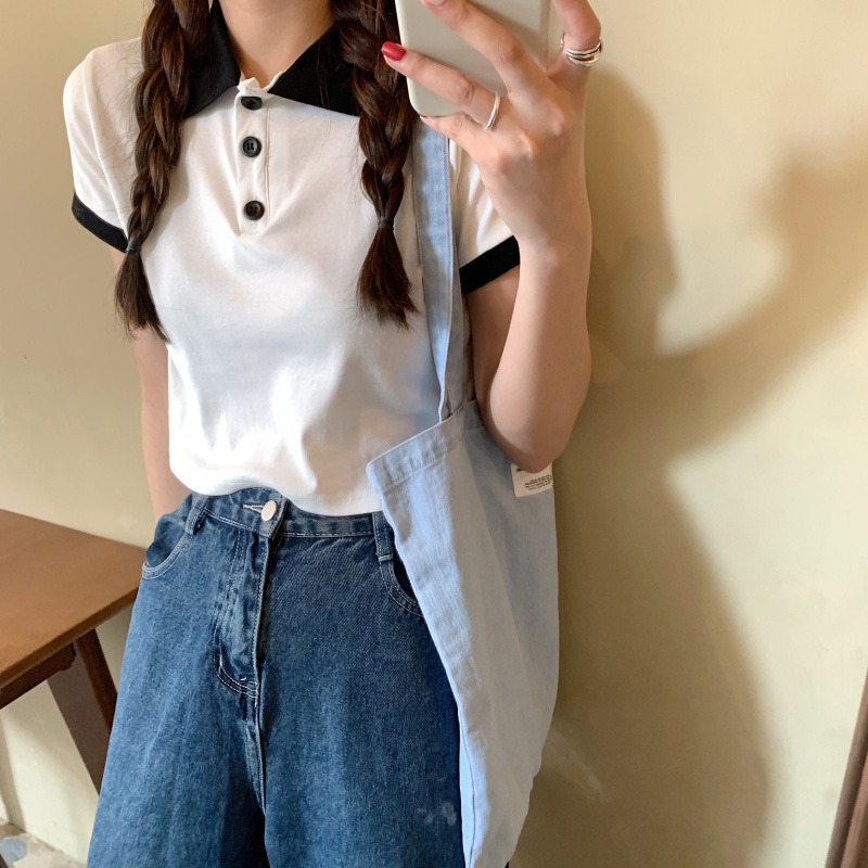 日系polo衫短袖t恤女網紅夏ins潮怪味少女短款寬松半袖上衣服-細節圖3