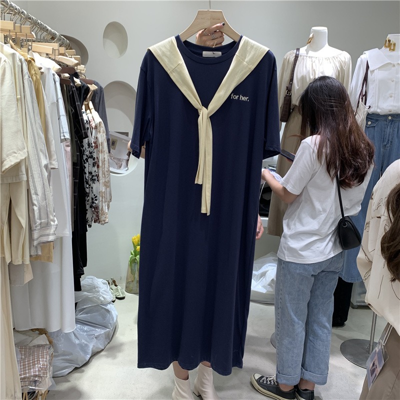連衣裙女夏季ins潮原宿bf慵懶風中長款寬松短袖t恤上衣服-細節圖2