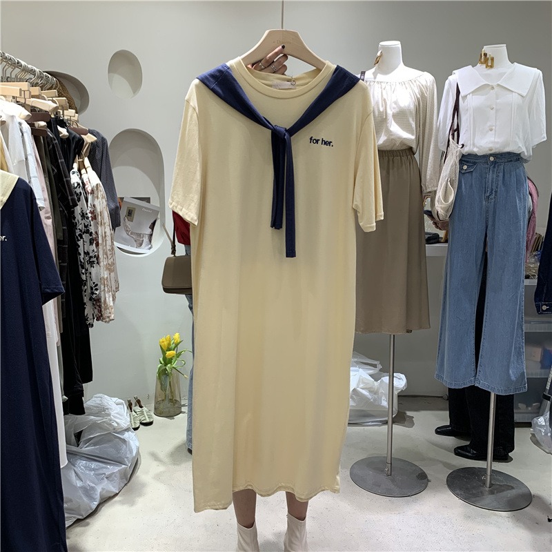 連衣裙女夏季ins潮原宿bf慵懶風中長款寬松短袖t恤上衣服-細節圖3