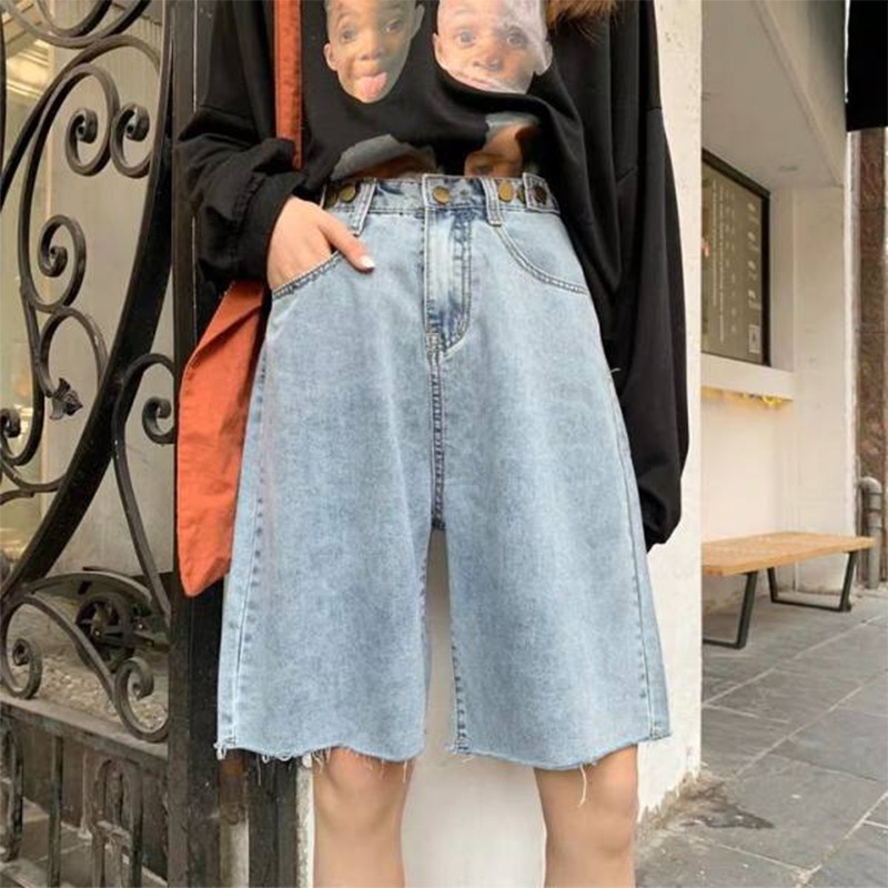 高腰闊腿牛仔褲女夏季港風垂感直筒顯瘦寬松薄款五分中褲-細節圖2