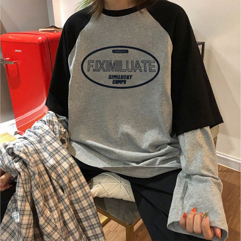 港風網紅假兩件長袖t恤女早秋ins潮原宿BF學生寬松情侶裝上衣-細節圖4