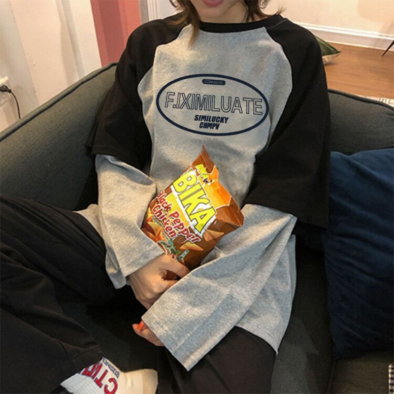 港風網紅假兩件長袖t恤女早秋ins潮原宿BF學生寬松情侶裝上衣-細節圖5