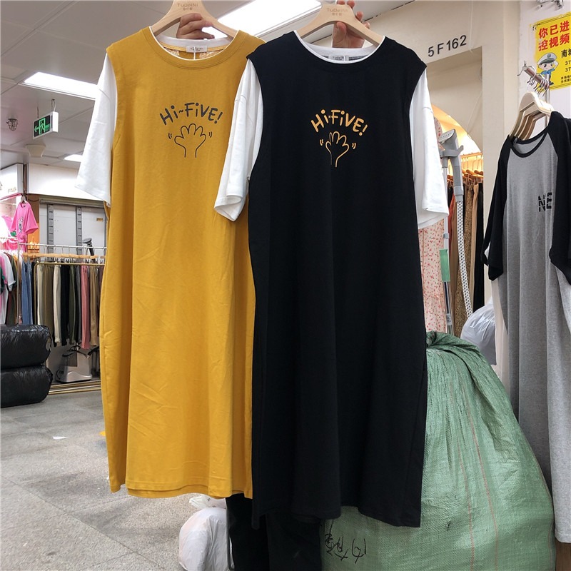 港味假兩件短袖t恤裙子女夏ins潮原宿BF長款過膝寬松上衣-細節圖2