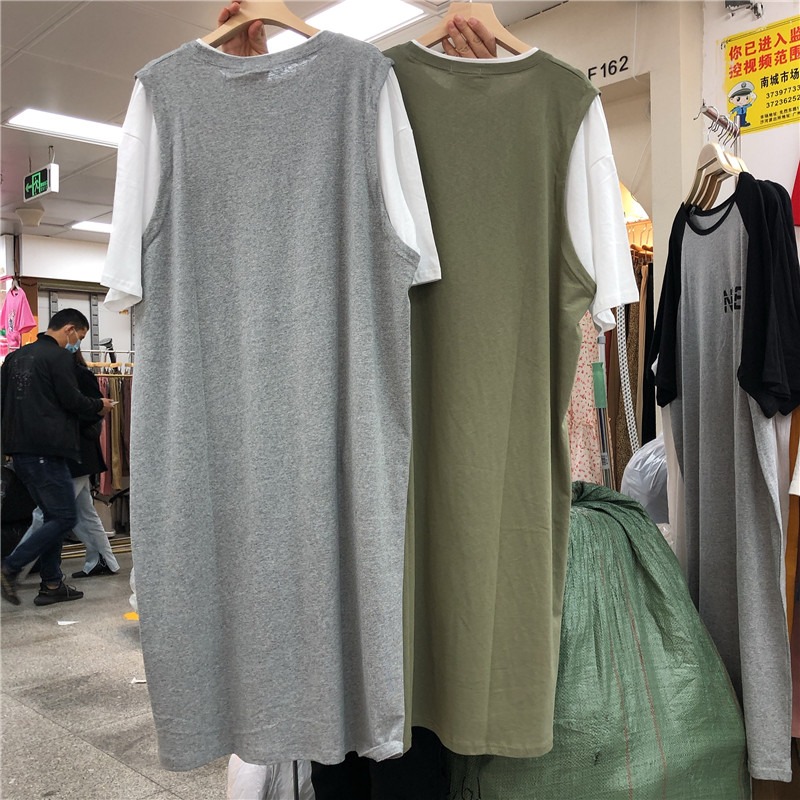 港味假兩件短袖t恤裙子女夏ins潮原宿BF長款過膝寬松上衣-細節圖3