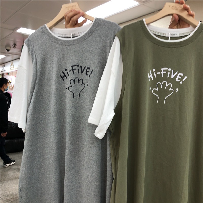 港味假兩件短袖t恤裙子女夏ins潮原宿BF長款過膝寬松上衣-細節圖4