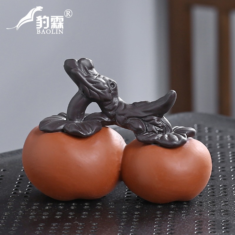 柿柿如意茶寵宜興紫砂柿子飾品茶桌擺件茶桌上的擺設高端茶道用品-細節圖2