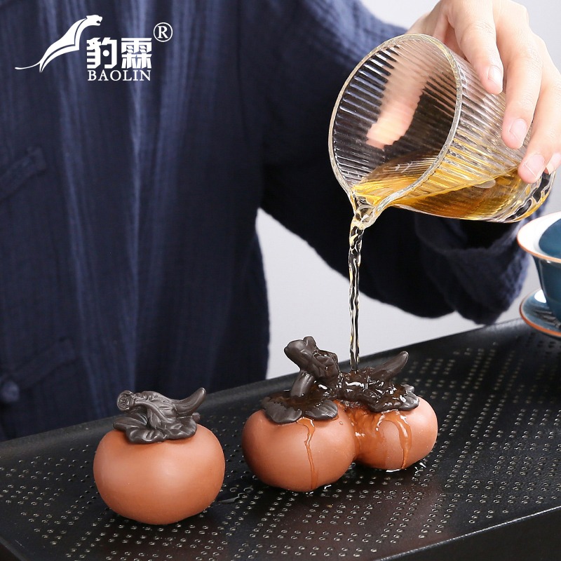 柿柿如意茶寵宜興紫砂柿子飾品茶桌擺件茶桌上的擺設高端茶道用品-細節圖4