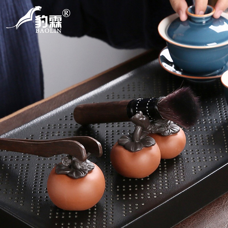 柿柿如意茶寵宜興紫砂柿子飾品茶桌擺件茶桌上的擺設高端茶道用品-細節圖5