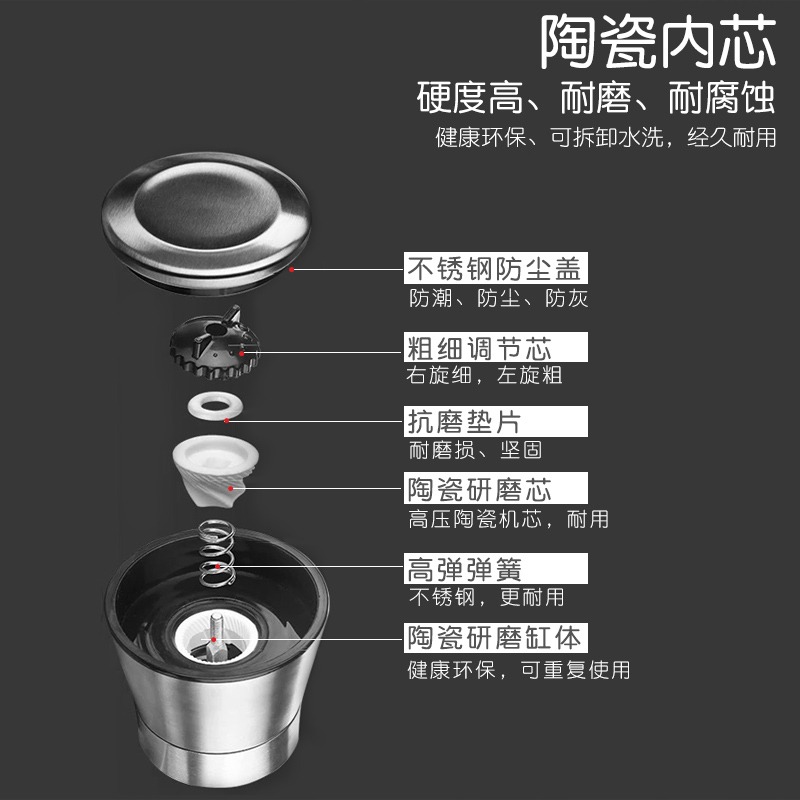 家用研磨器花椒黑胡椒辣椒手動研磨瓶陶瓷芯廚房玻璃味罐子不銹鋼-細節圖4