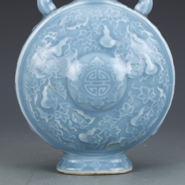 大清乾隆天藍釉描金雕刻如意紋扁瓶仿古瓷器古董古玩包老保真擺件-細節圖3