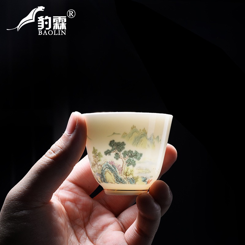 功夫小茶杯描金羊脂玉主人杯品茗杯單個小杯子簡單家用辦公小茶杯-細節圖2