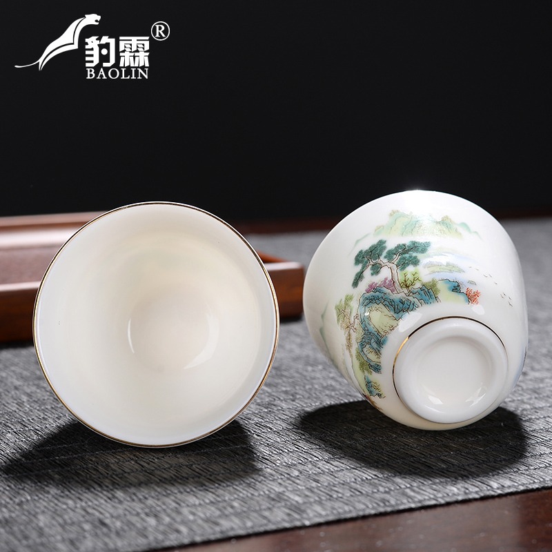 功夫小茶杯描金羊脂玉主人杯品茗杯單個小杯子簡單家用辦公小茶杯-細節圖3