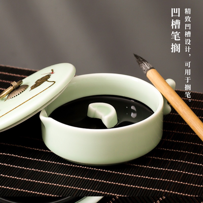 多功能墨池帶蓋文房書法墨蝶小硯臺筆硯便攜毛筆陶瓷筆擱筆山筆架墨海筆洗多用墨斗盛墨汁墨盒調色盤顏料碟-細節圖3