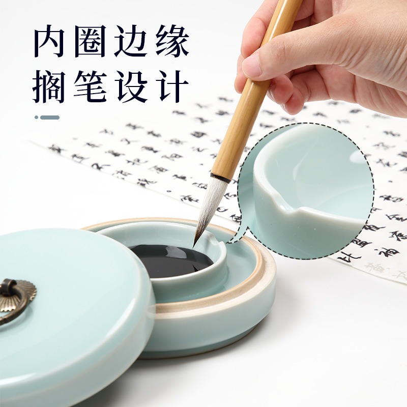 大山皮紙陶瓷火鍋硯帶蓋雙圈保濕不幹墨兒童學生硯臺文房四寶毛筆初學書法國畫專用盛墨墨盒防蒸發不幹筆墨碟-細節圖3