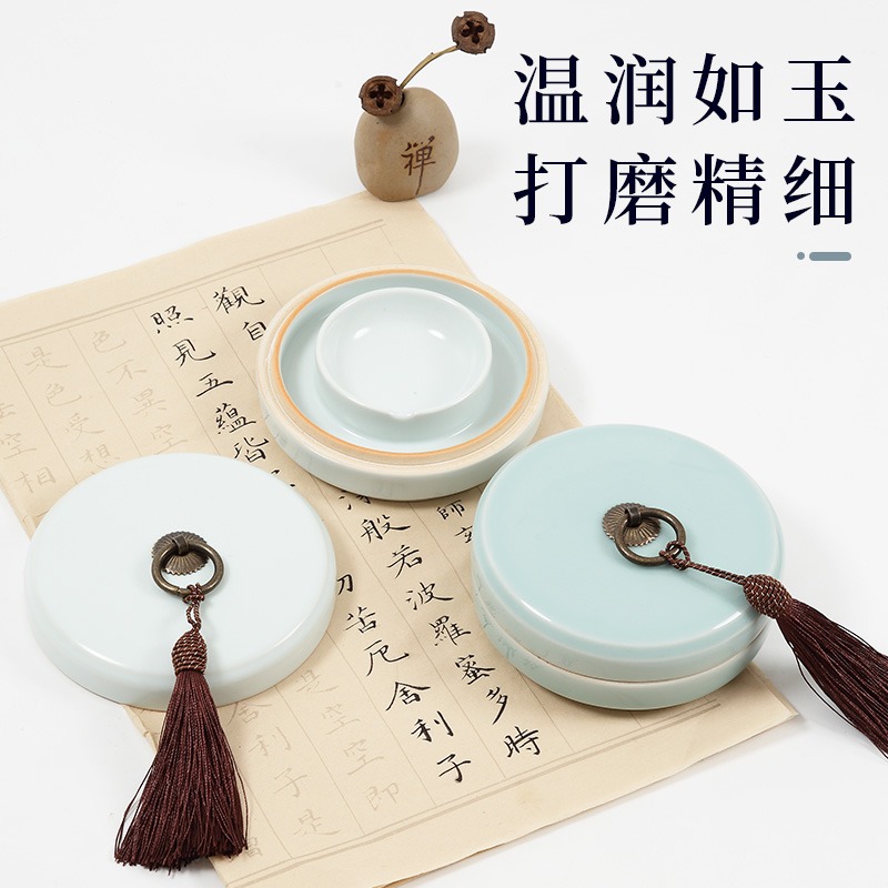 大山皮紙陶瓷火鍋硯帶蓋雙圈保濕不幹墨兒童學生硯臺文房四寶毛筆初學書法國畫專用盛墨墨盒防蒸發不幹筆墨碟-細節圖4