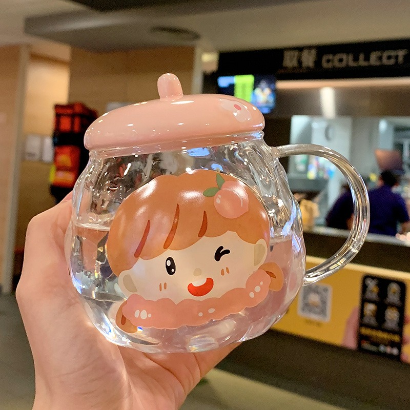 超可愛耐熱玻璃杯情侶馬克杯子女便攜辦公室水杯帶蓋帶把水果杯-細節圖6