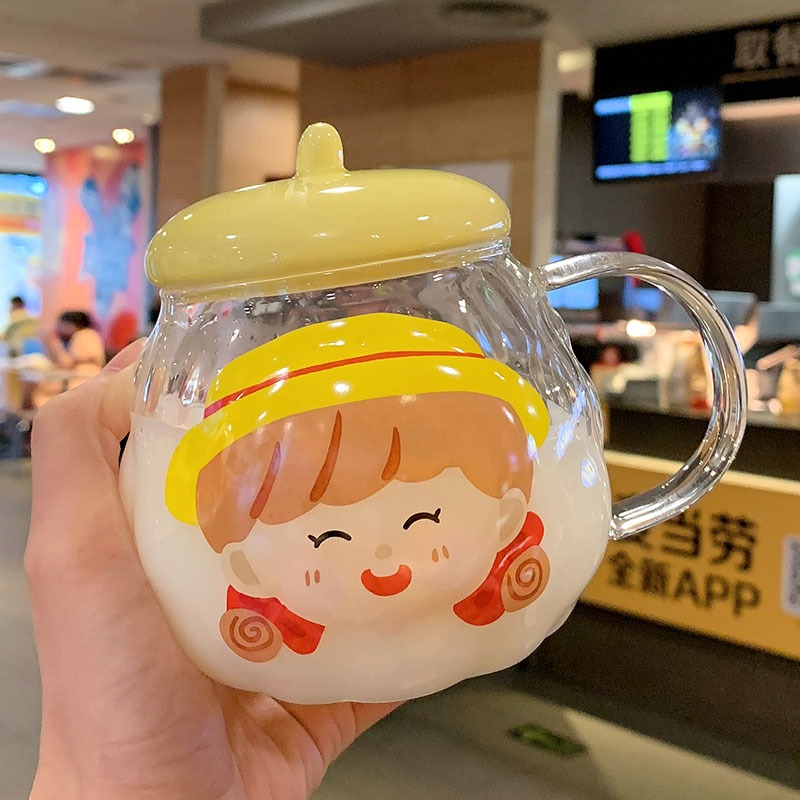 超可愛耐熱玻璃杯情侶馬克杯子女便攜辦公室水杯帶蓋帶把水果杯-細節圖7