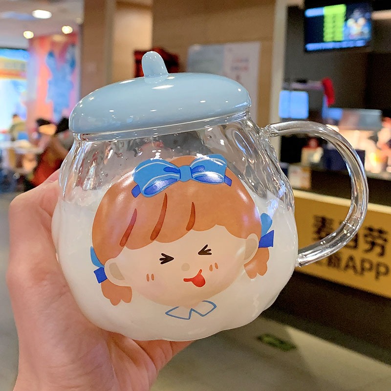 超可愛耐熱玻璃杯情侶馬克杯子女便攜辦公室水杯帶蓋帶把水果杯-細節圖8