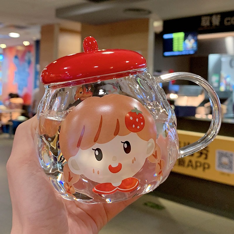 超可愛耐熱玻璃杯情侶馬克杯子女便攜辦公室水杯帶蓋帶把水果杯-細節圖9