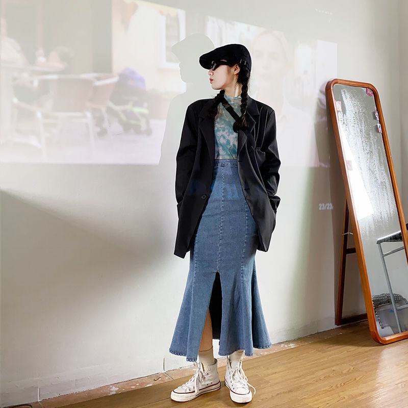 新款夏季牛仔半身裙女設計感高腰a字荷葉邊中長款包臀魚尾裙-細節圖3