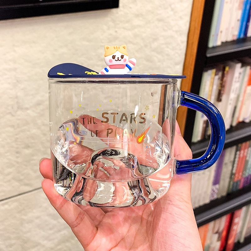 耐熱玻璃杯子少女心馬克杯家用辦公室帶把茶水杯牛奶咖啡杯帶蓋勺-細節圖6