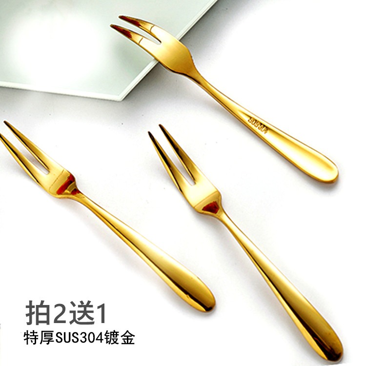 304不銹鋼水果叉鍍金叉金色ins歐式創意長柄蛋糕叉家用月餅水果簽-細節圖2