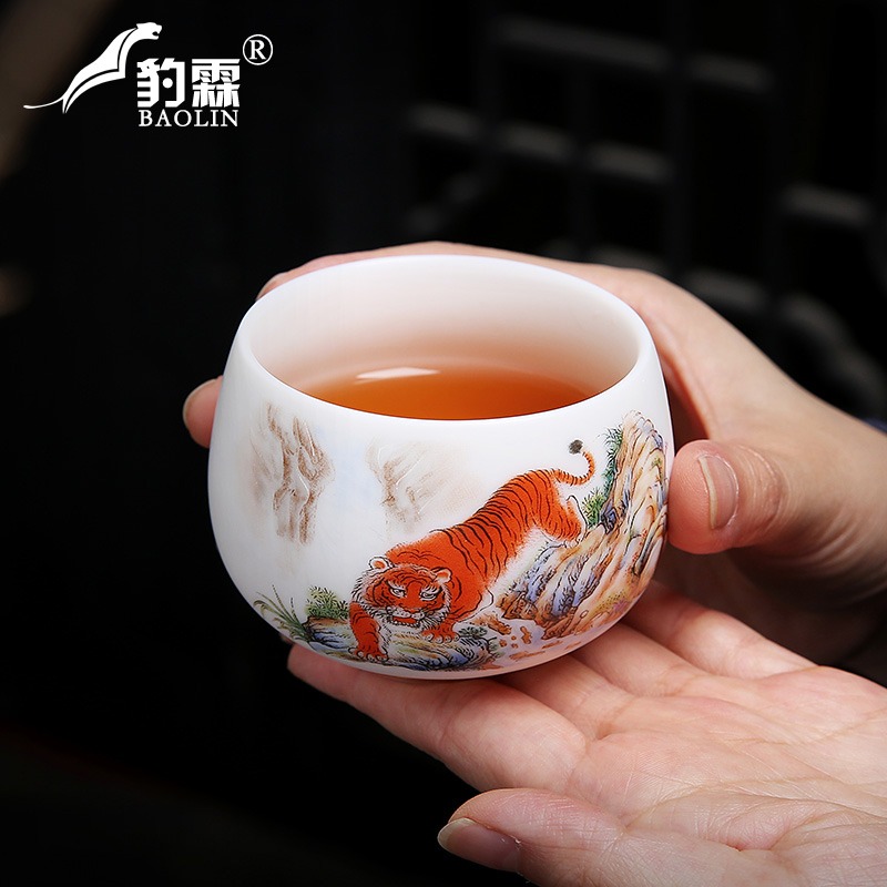 羊脂玉老虎生肖茶杯白瓷功夫茶杯個人專用杯猛虎下山主人杯品茗杯-細節圖3