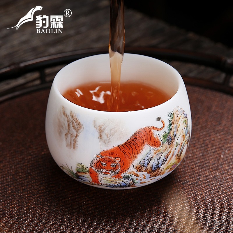 羊脂玉老虎生肖茶杯白瓷功夫茶杯個人專用杯猛虎下山主人杯品茗杯-細節圖4