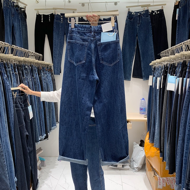 歐貨直筒牛仔褲女秋季新款深藍色設計感小眾高腰闊腿老爹褲潮-細節圖4