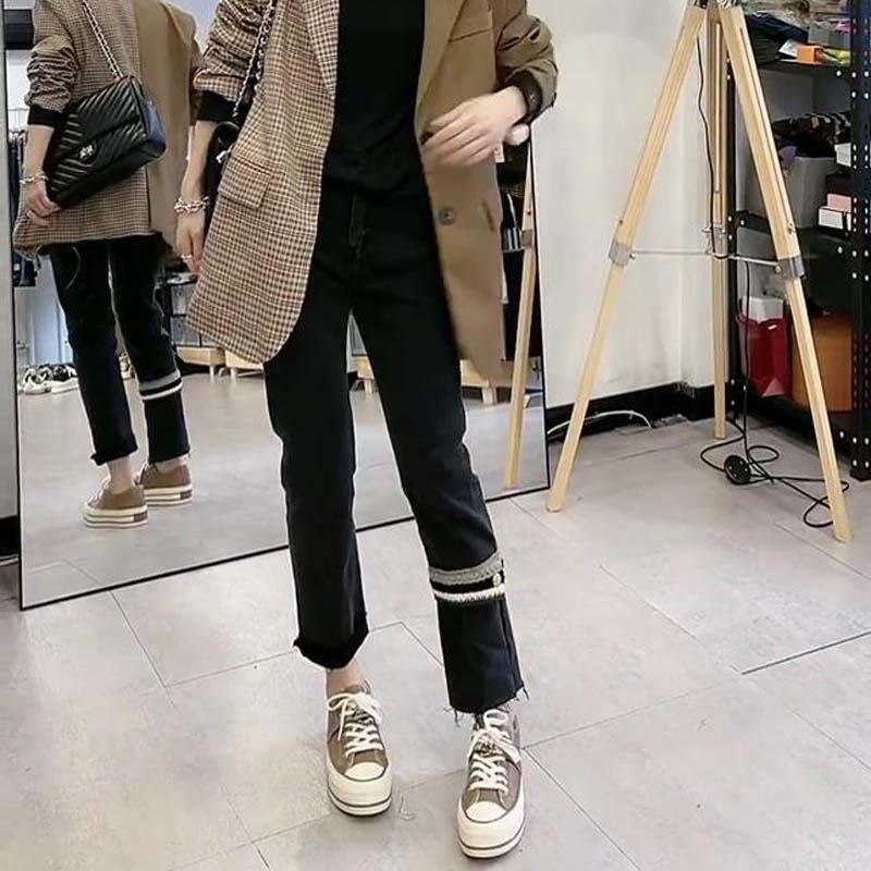 歐洲站秋新款做舊牛仔褲女高腰彈力褲腿拼針織顯瘦直筒煙管褲-細節圖4