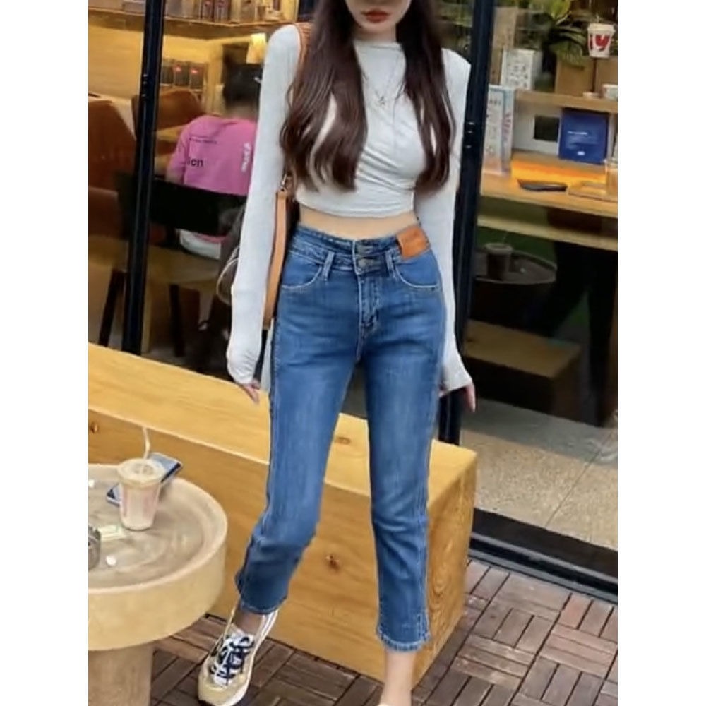 早秋高腰牛仔褲女設計感小標版雙扣顯瘦緊身彈力九分煙管直筒褲子-細節圖2