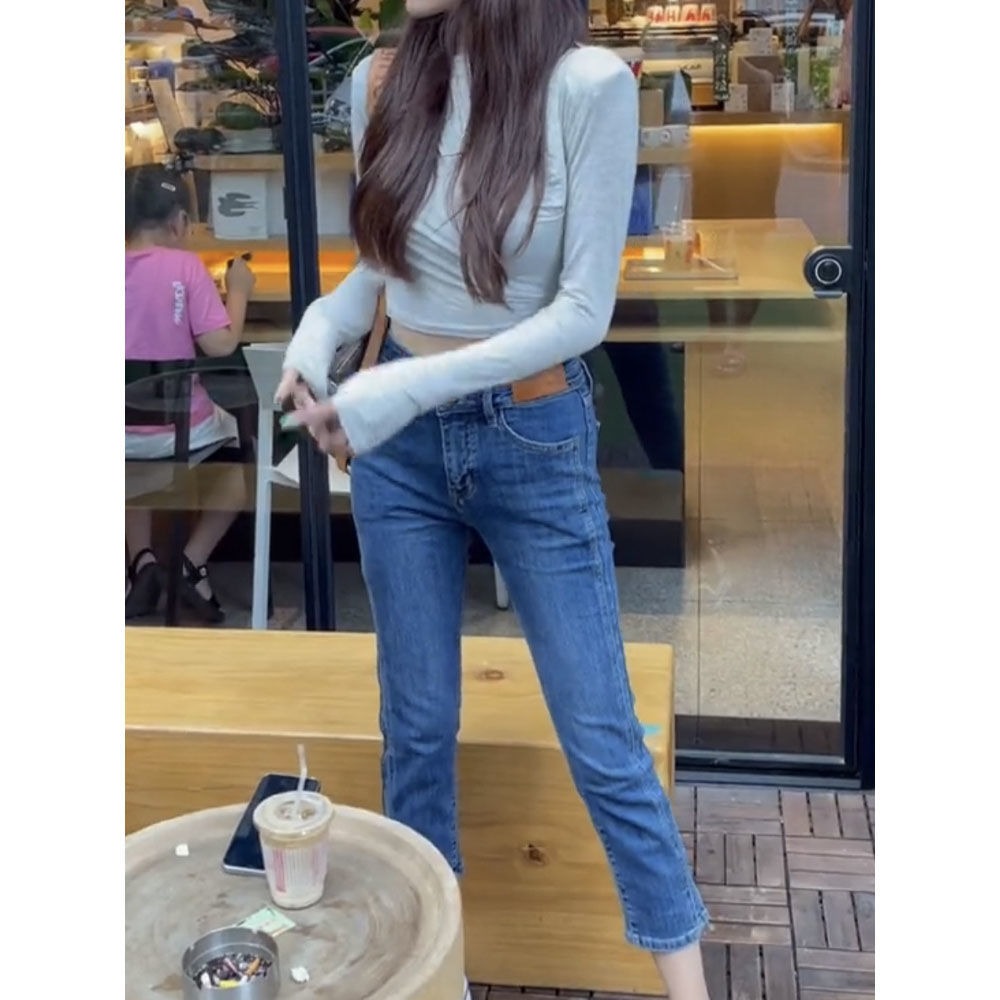 早秋高腰牛仔褲女設計感小標版雙扣顯瘦緊身彈力九分煙管直筒褲子-細節圖3