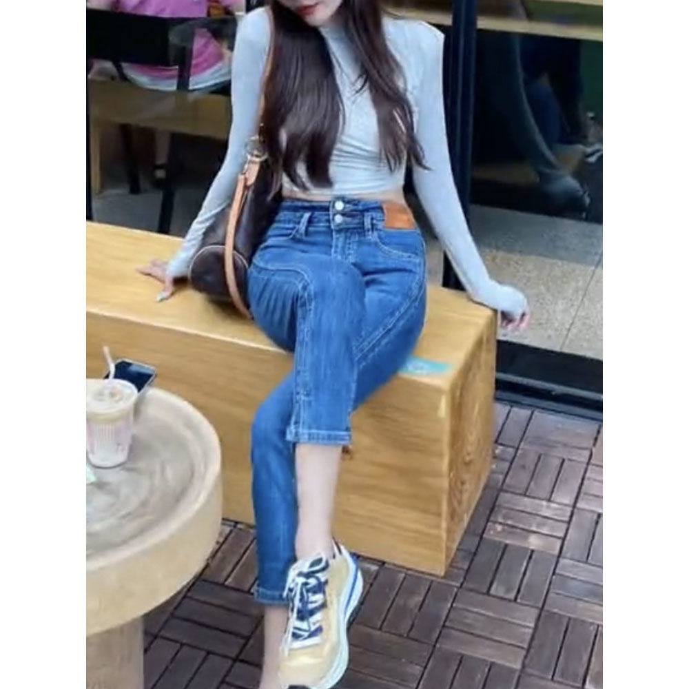 早秋高腰牛仔褲女設計感小標版雙扣顯瘦緊身彈力九分煙管直筒褲子-細節圖4