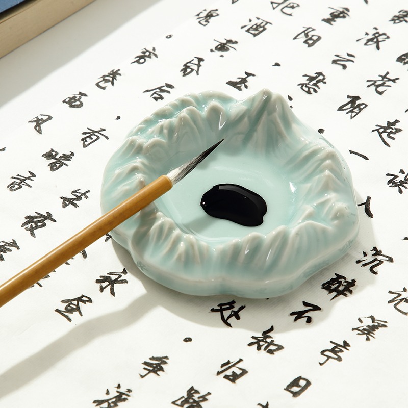 大山皮紙青瓷富士山筆舔學生創意多功能陶瓷墨碟初學者毛筆書法墨池墨盒國畫用調色盤文房四寶筆擱擺件-細節圖3