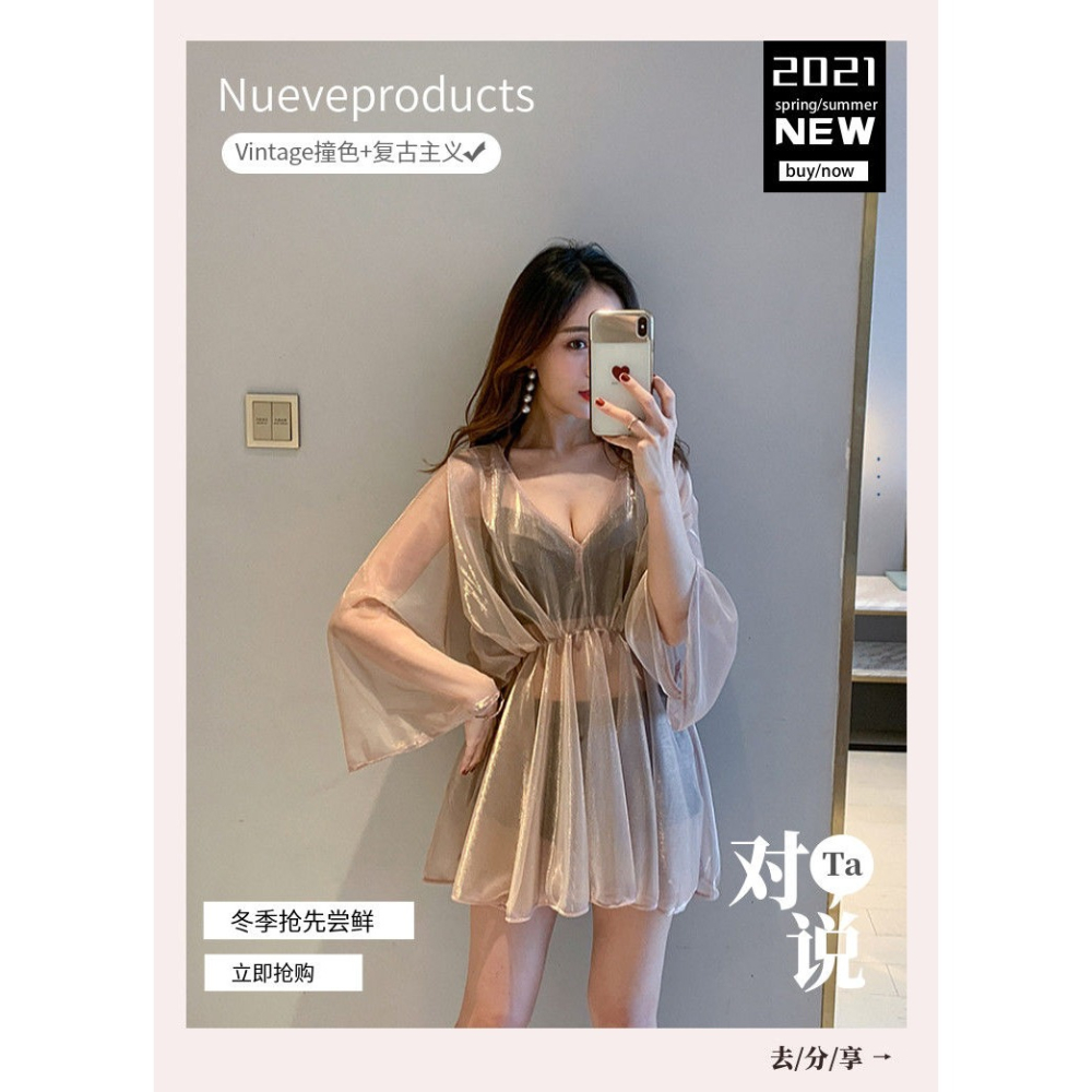 泳衣女2022新款三件套罩衫比基尼性感保守遮肚顯瘦仙女範溫泉泳裝-細節圖6