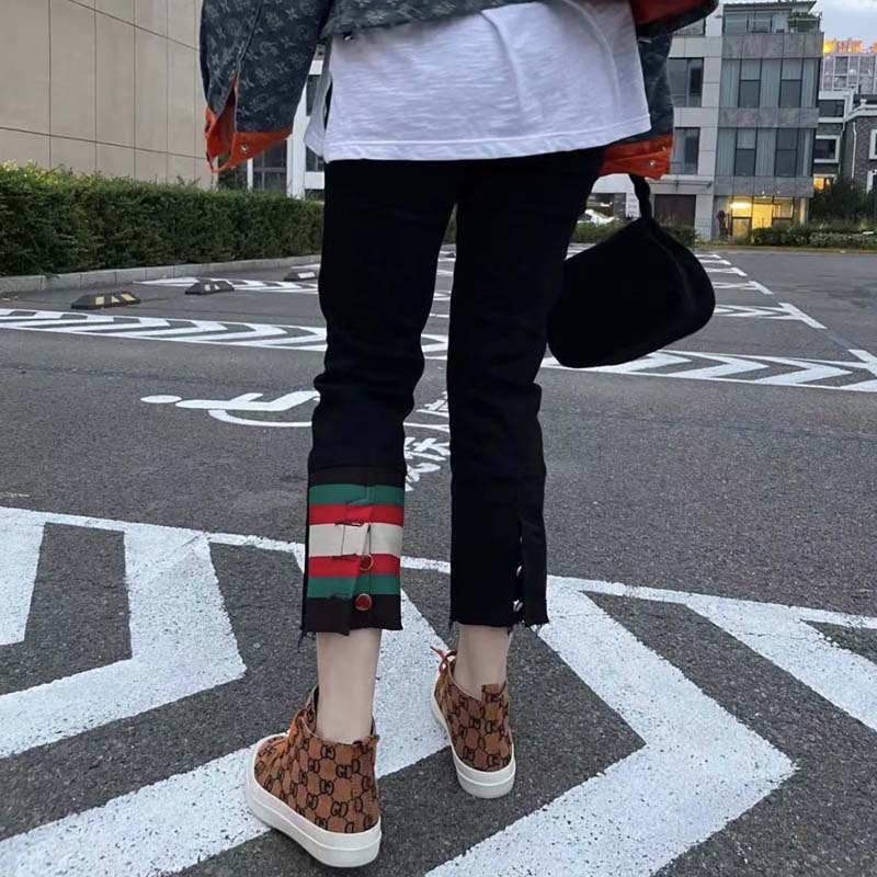 歐洲站愛心扣拼接條紋高腰牛仔褲女秋新品直筒顯瘦九分煙管褲-細節圖3