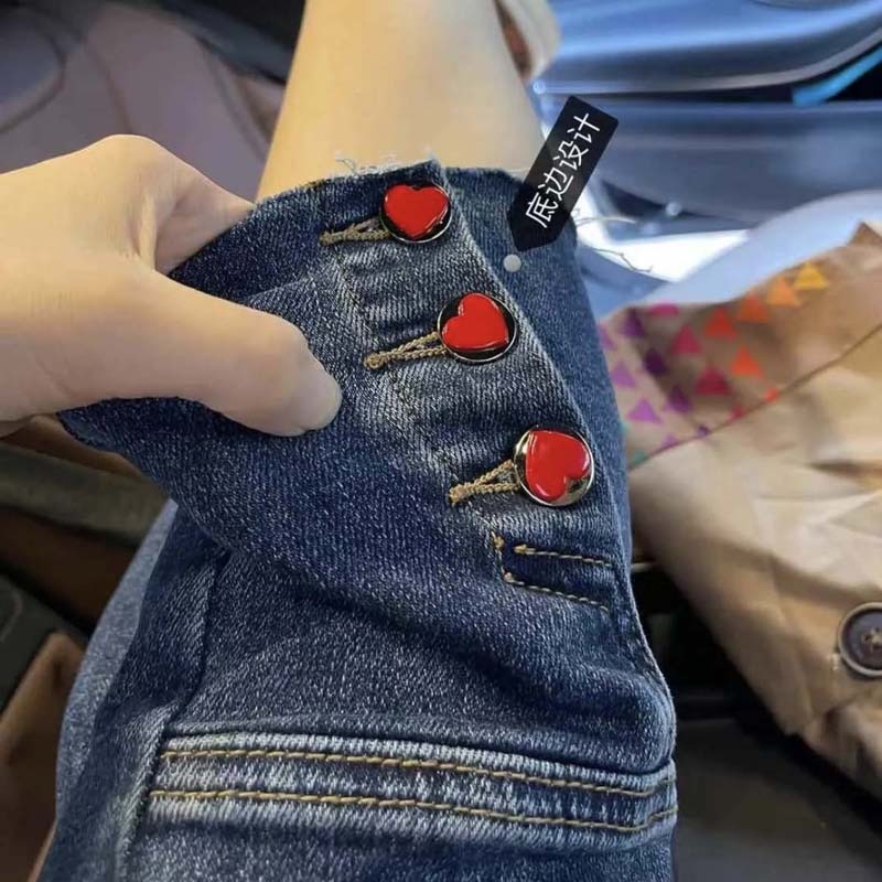 歐洲站愛心扣拼接條紋高腰牛仔褲女秋新品直筒顯瘦九分煙管褲-細節圖4