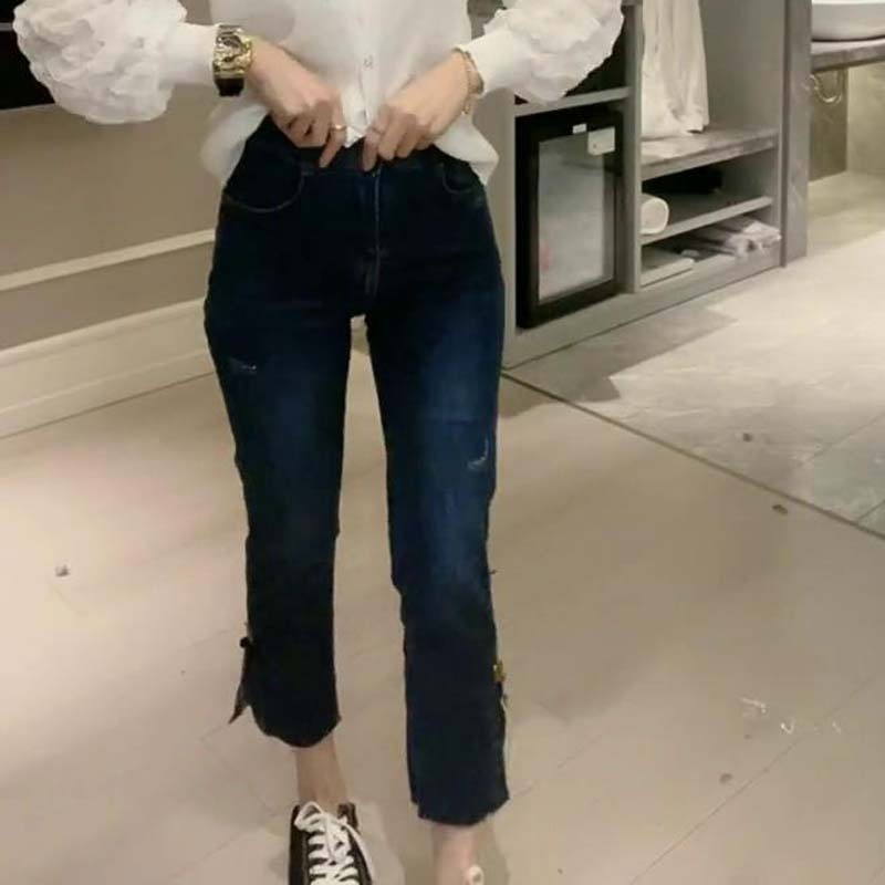 秋季小熊可愛裝飾牛仔褲高腰歐貨顯瘦九分側開叉女直筒煙管褲-細節圖2